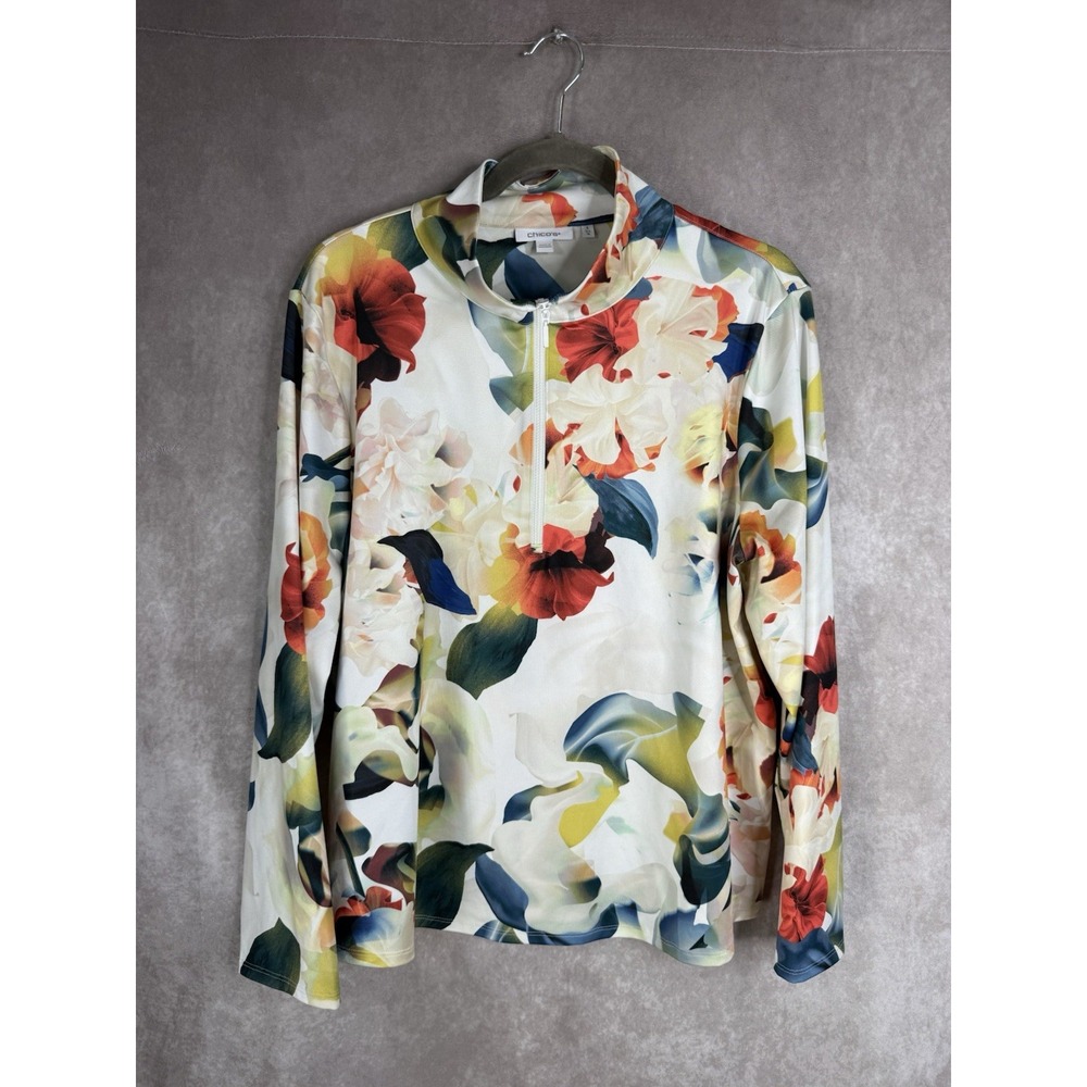 Chico's 3/4 Zip Floral Lightweight Jacket In White Women's Sz 3 US 16